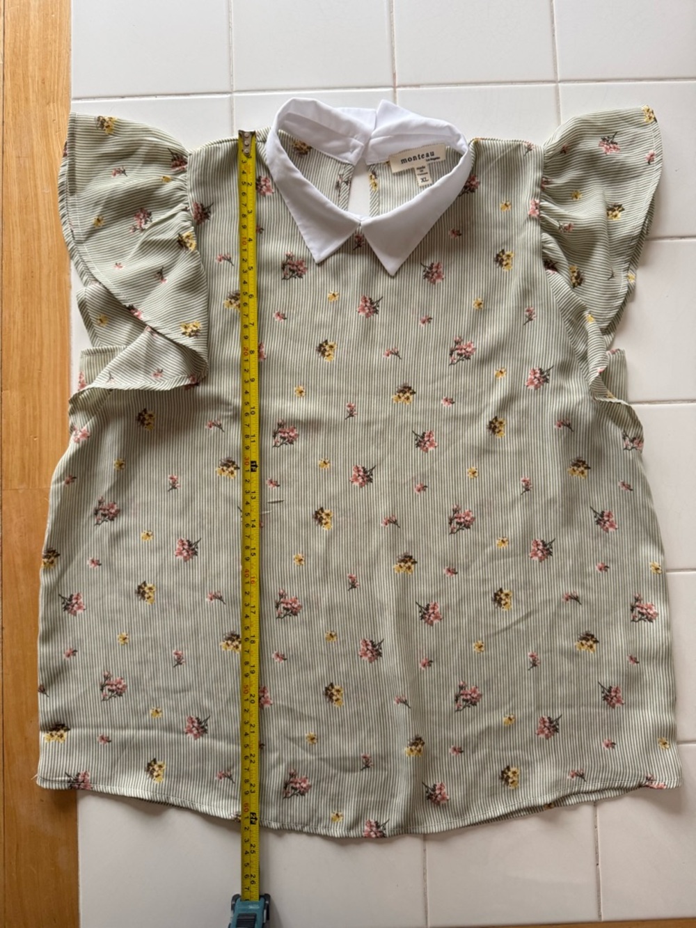 Peter Pan Collar Flutter-Sleeve Blouse Sage Green White Floral Size XL - NWOT - Picture 13 of 15